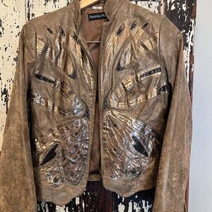 Women’s EUC Pamela McCoy Leather Butterly metallic jacket. Size XS.